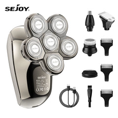 Sejoy 6 IN 1 Electric Head Hair Shaver Mens Cordless Wet/Dry Bald Head Waterproof Razor with Rotary Blades , Nose Trimmer