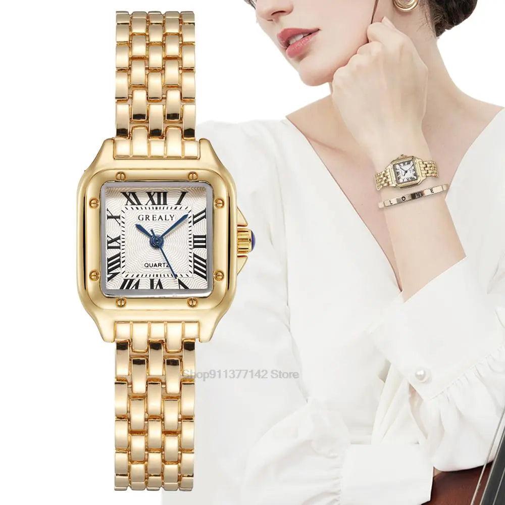 Elegant Gold Square Quartz Watch with Roman Scale Detailing for Women  ourlum.com   