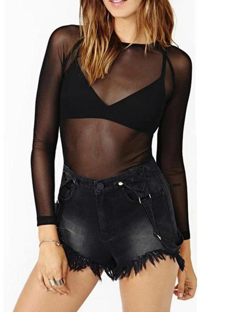 Sultry Black Mesh Long Sleeve Women's Blouse - Chic Punk Clubwear  ourlum.com black L 