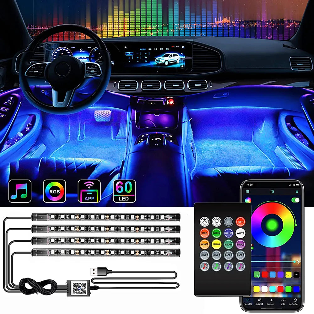 Car Interior Neon LED Ambient Foot Strip Light Kit: Music Sync Remote App RGB Lamps  ourlum.com   