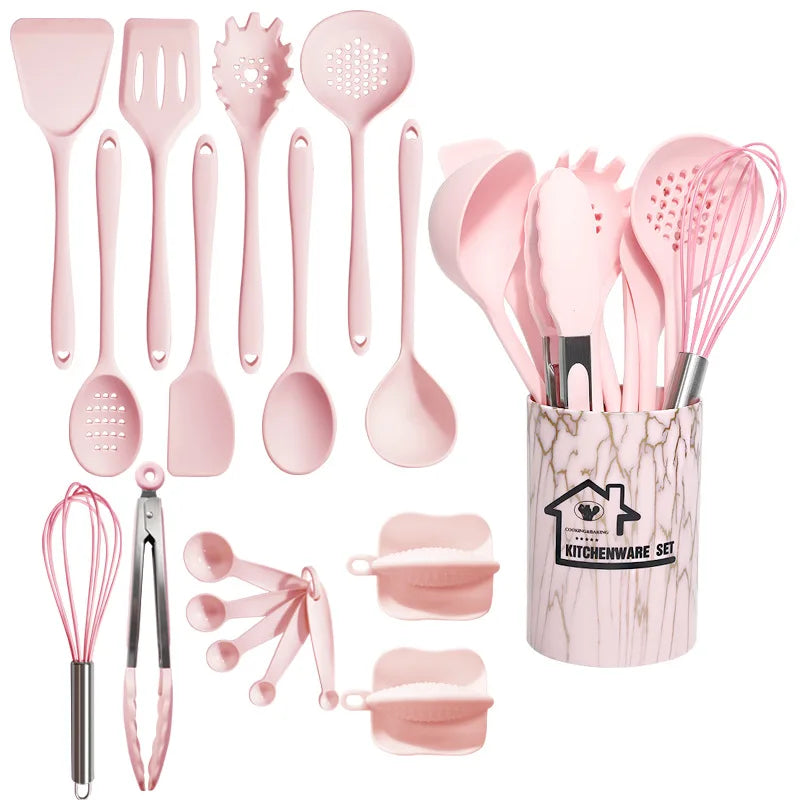 18-Piece Pink Silicone Kitchen Utensil Set - Eco-Friendly Cooking Tools with Turner, Spatula & Measuring Spoons