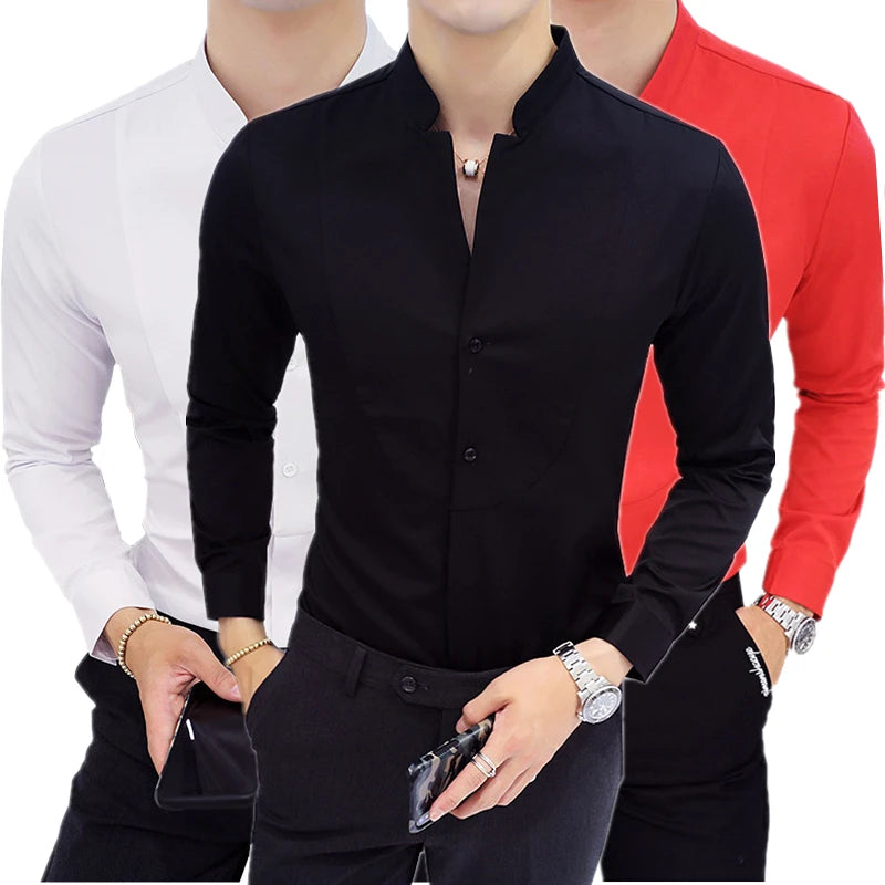 Black Male Stretch Long Sleeve Shirts/Men's High Quality Stand Collar Pure Slim Fit Business Shirt Red White Camisa Man Chemise