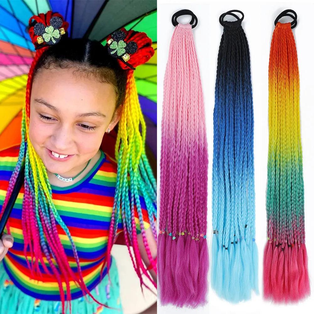 Rainbow Braided Ponytail Hair Extension: Colorful Pigtail for Girls - Unique Design, High Quality, Easy to Use