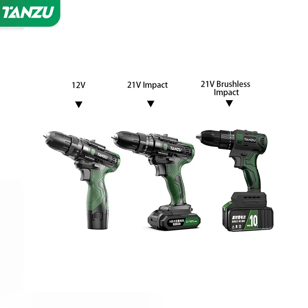 Brushless Electric Drill Impact Cordless Driller 12V/21V Screwdriver Li-ion Battery Adjustable Speed Electric Power Tool TANZU  ourlum.com   