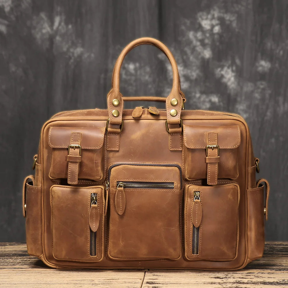 Stylish Vintage Large Capacity Leather Briefcase for Men, 17-Inch Laptop Shoulder Bag