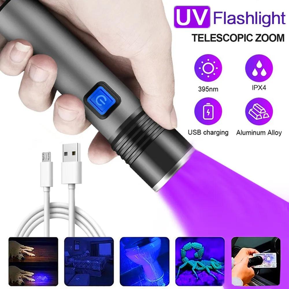 UV Blacklight Flashlight with Zoom Function and Rechargeable Battery  ourlum.com   