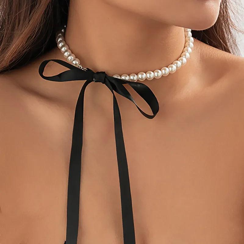 Elegant Black Ribbon Choker Necklace with White Imitation Pearls - Sophisticated Wedding and Party Jewelry  ourlum.com X0173  