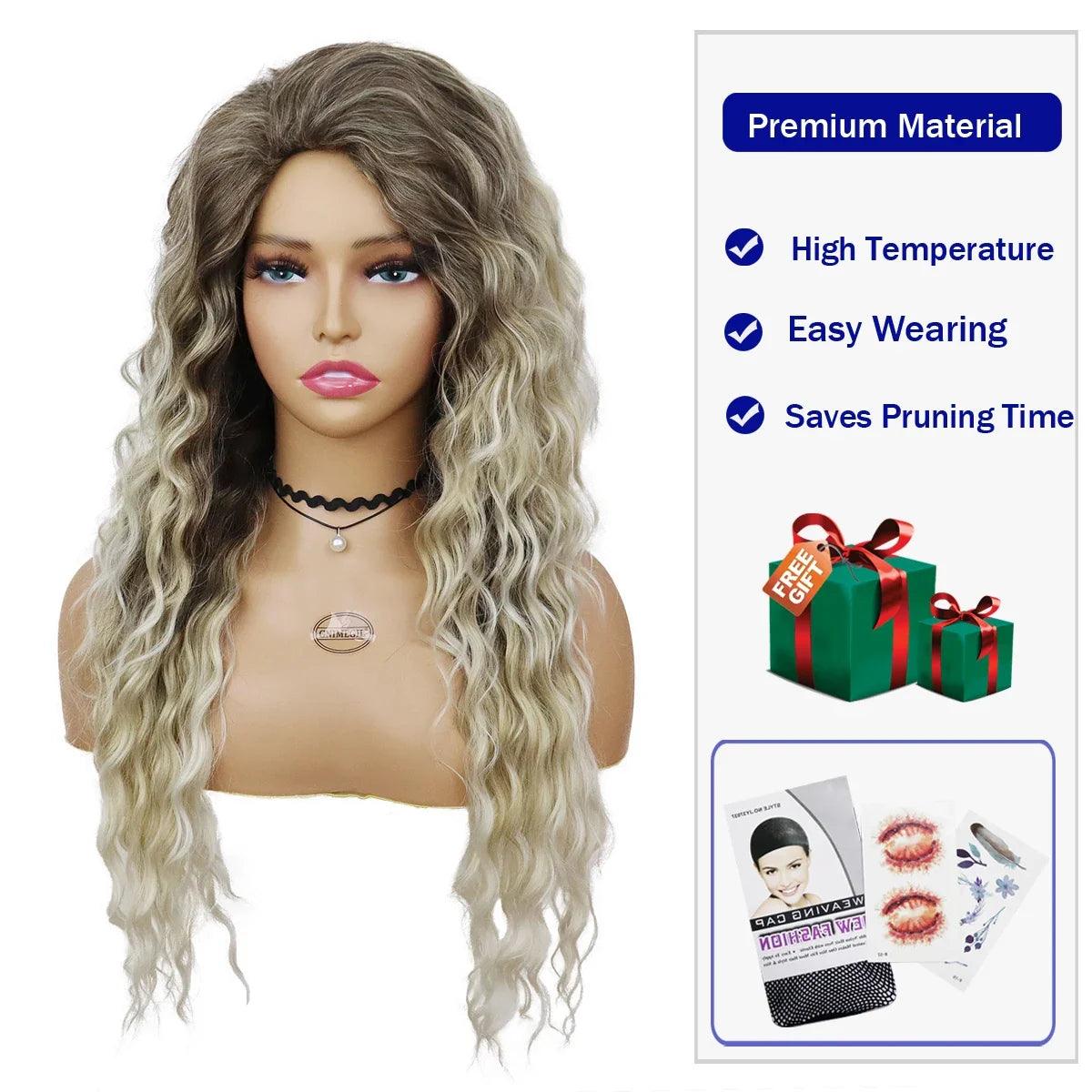 Blonde Ombre Wavy Wig with Voluminous Curls for Women - Long Synthetic Hair for Daily Wear and Parties  ourlum.com   