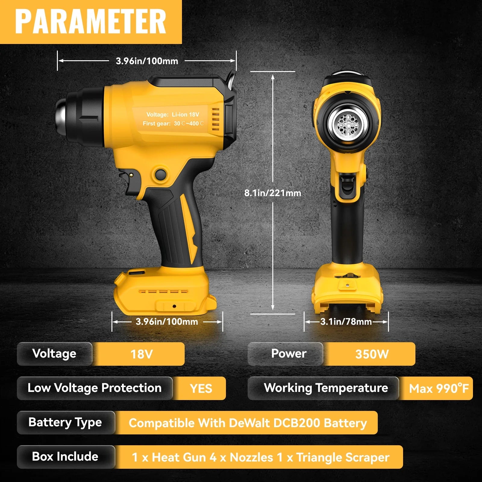 350W Cordless Hot Air Gun for Shrink Tubing & Crafts - Compatible with Dewalt 20V Battery