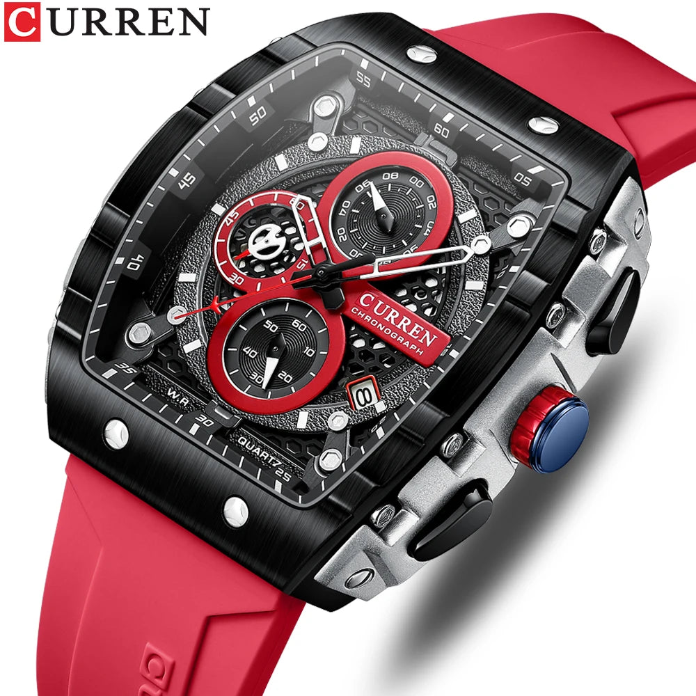 Men's CURREN Casual Chronograph Quartz Watch with Blue Silicone Strap and Tonneau Dial, Date Function, 3ATM Waterproof