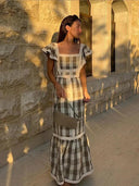 Elegant Striped Long Dress: Stylish Square Collar Robe