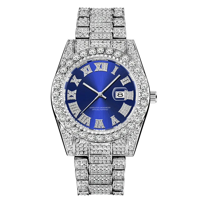 Golden Diamond-Studded Men's Quartz Watch with Calendar - Luxury Hip Hop Wristwatch  OurLum.com silver blue Yes CHINA
