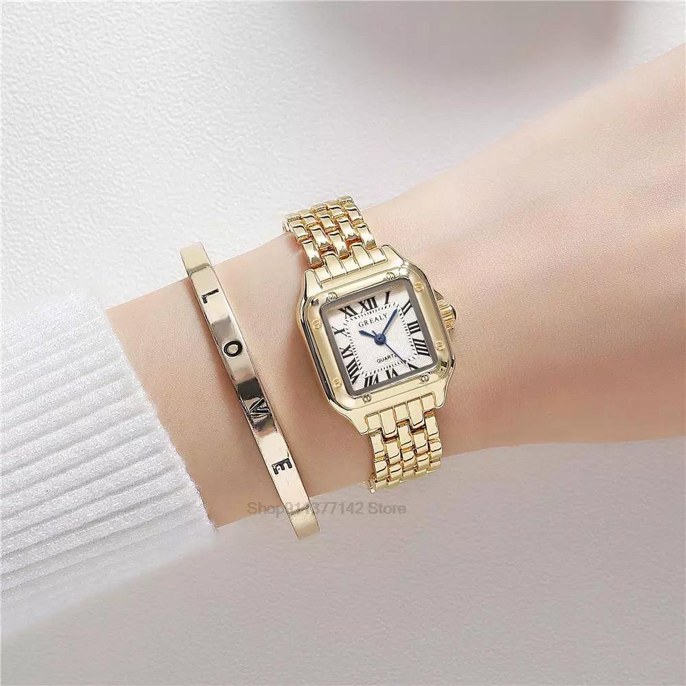 Elegant Gold Square Quartz Watch with Roman Scale Detailing for Women  ourlum.com gold or bracelet  