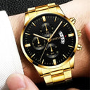 Men's Gold Stainless Steel Calendar Watch Set Luxury Jewelry