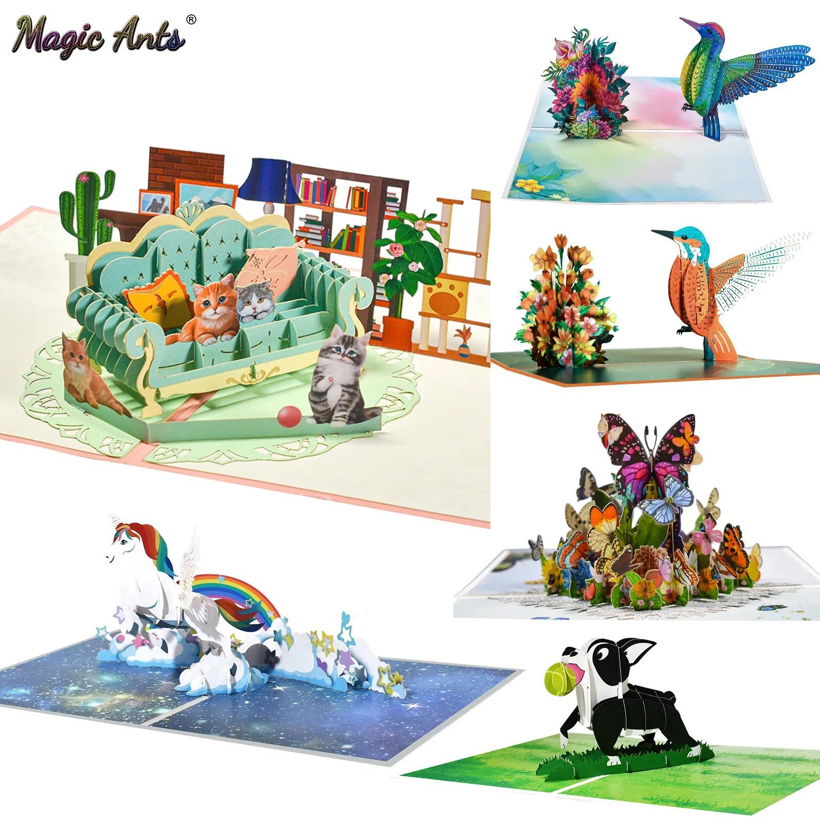 3D Animals Pop-up Cards: Butterflies, Unicorns, Cats & Dogs Gift  ourlum.com   