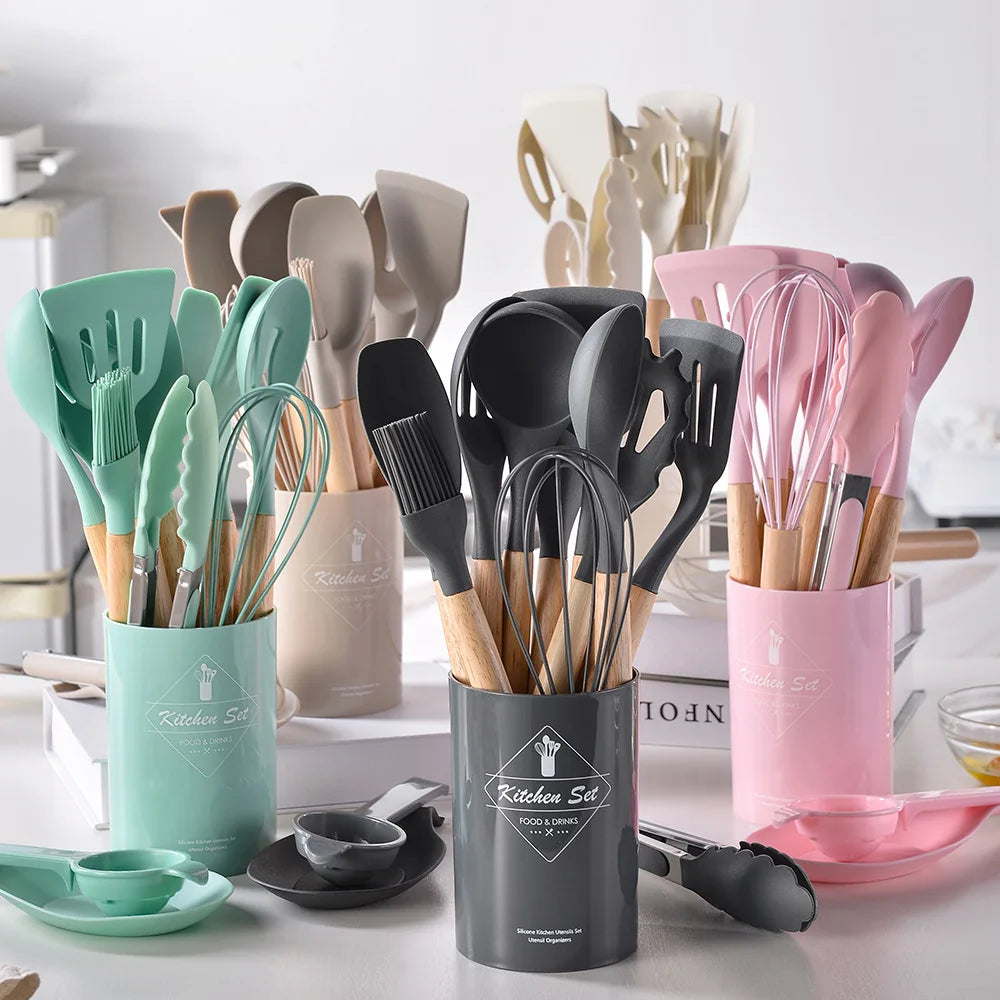 12-Piece Eco-Friendly Silicone Kitchen Utensils Set with Wooden Handles - Non-Stick Cooking Tools for Easy Meal Prep