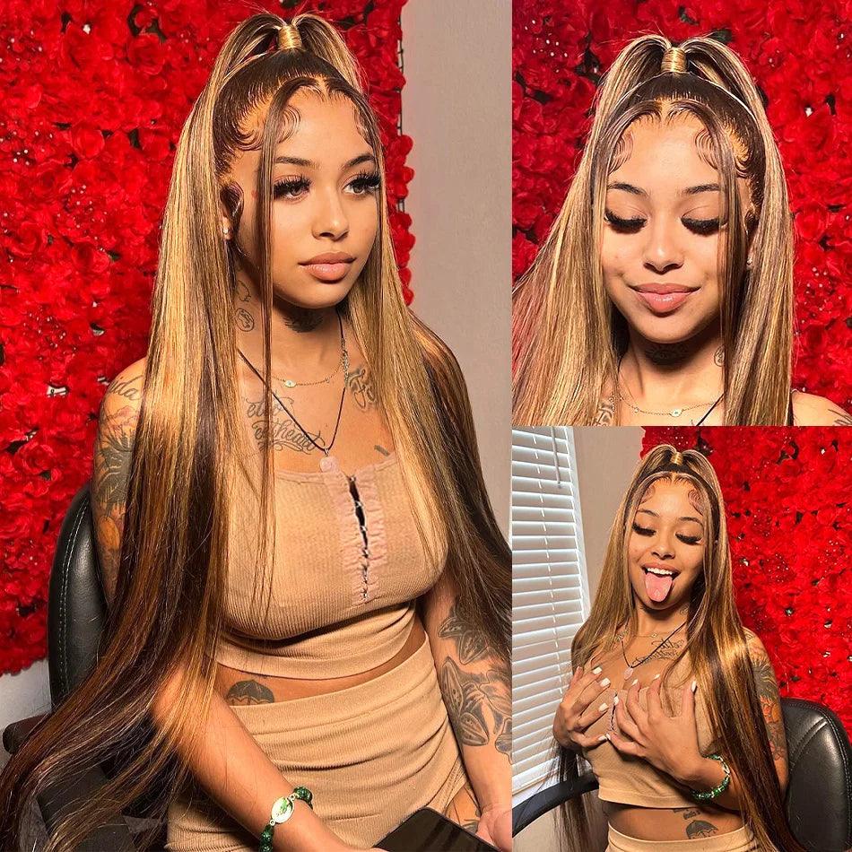 Honey Blonde Colored Lace Front Human Hair Wig Set with Versatile Styling Options  ourlum.com   