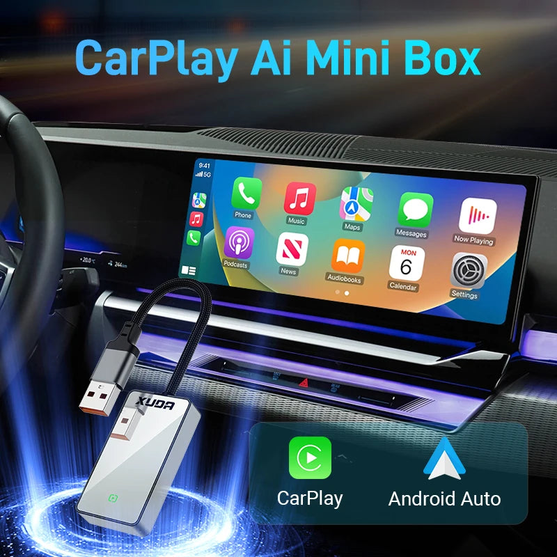 Wired to Wireless 2 In1 Carplay&Android Auto Adapter Glass Rearview Mirror Mini  AI Box, USB/C Type Plug & Play  For OEM Car