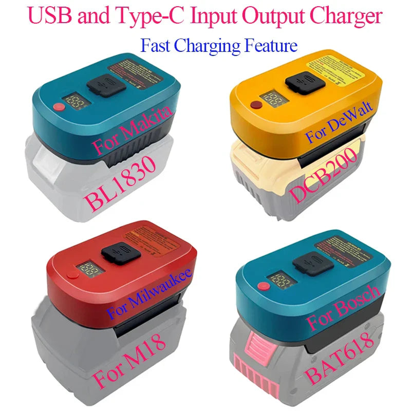 65W Multi-Brand Fast Charger with USB Power Bank Function for Makita, Bosch, DeWalt & Milwaukee