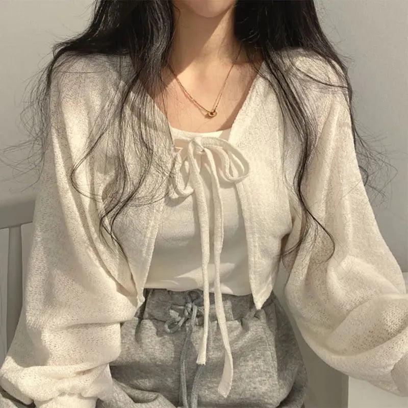 White Lace-Up Lantern Sleeve Knitwear Cardigan for Women  ourlum.com   