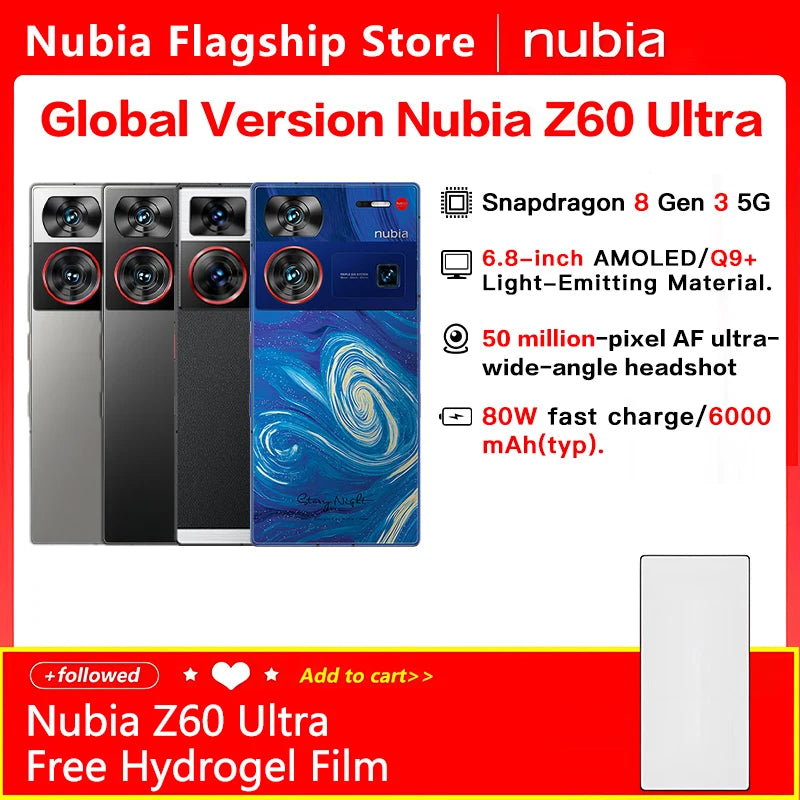 Global Version Nubia Z60 Ultra 64MP Q9+ Full Screen IP68 Snapdragon 8 Gen 3 NFC 6000mAh 80W Fast Charge 5G Smart Camera Phone