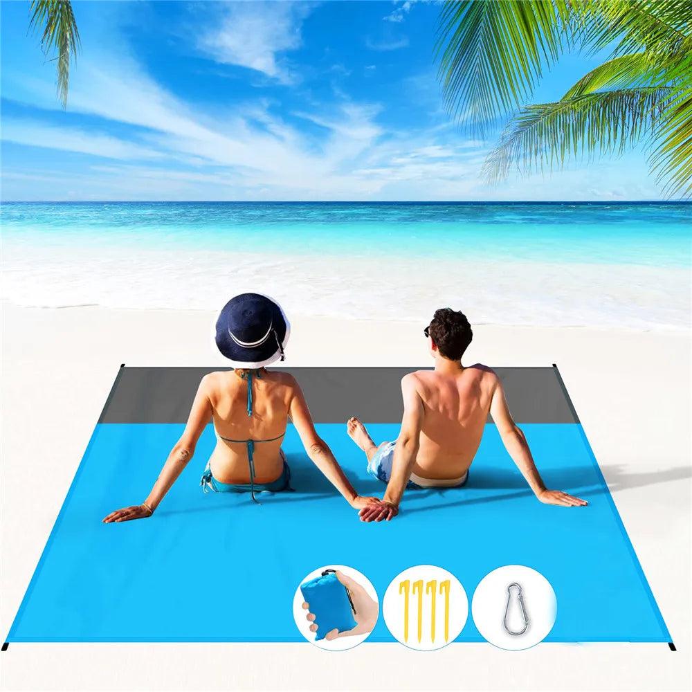 2x2.1m Portable Waterproof Sand Free Pocket Beach Blanket Large Lightweight Foldable Camping Picnic Mat for 4-6 Adults Outdoor