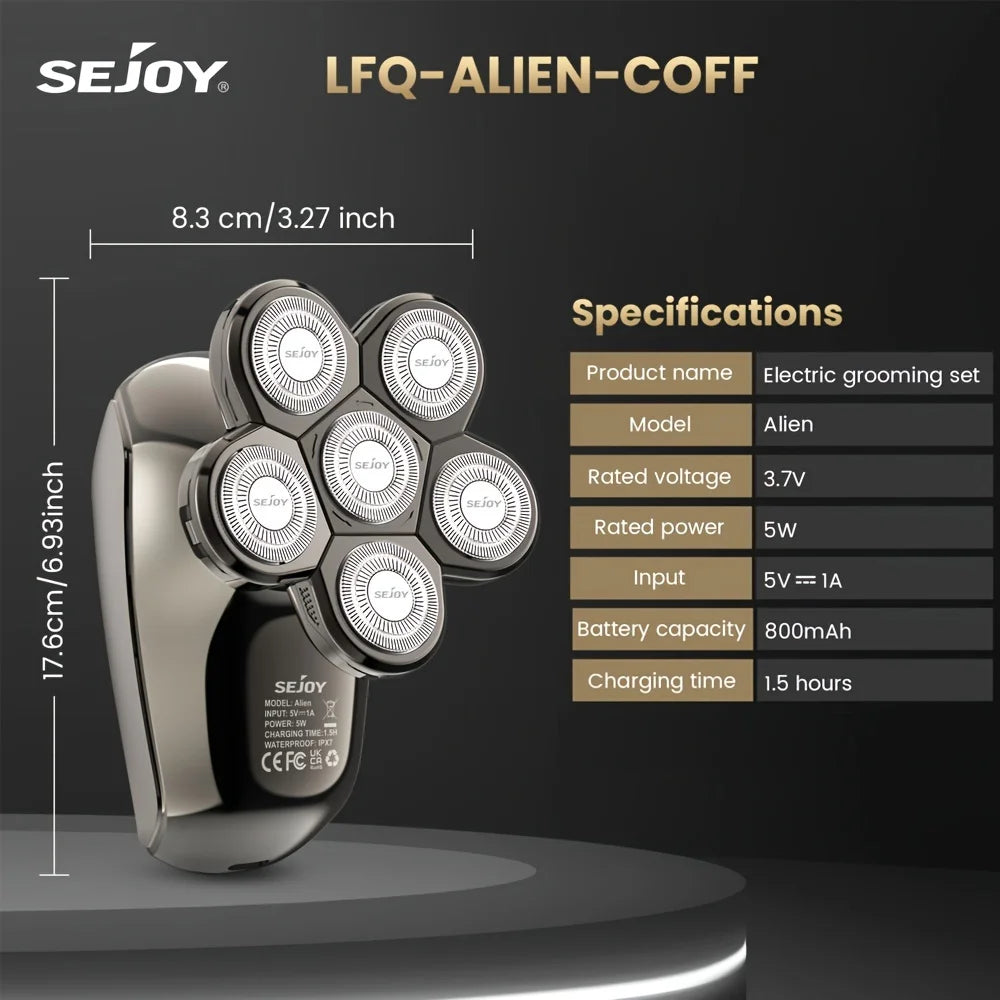 Sejoy 6 IN 1 Electric Head Hair Shaver Mens Cordless Wet/Dry Bald Head Waterproof Razor with Rotary Blades , Nose Trimmer