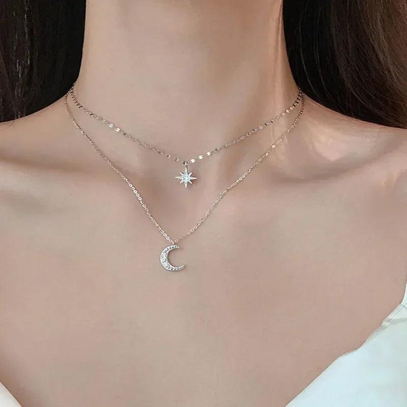 Delysia King   Star Moon double layer Necklace women's light luxury niche design sense overlapping clavicle chain 2021 NEW  ourlum.com   