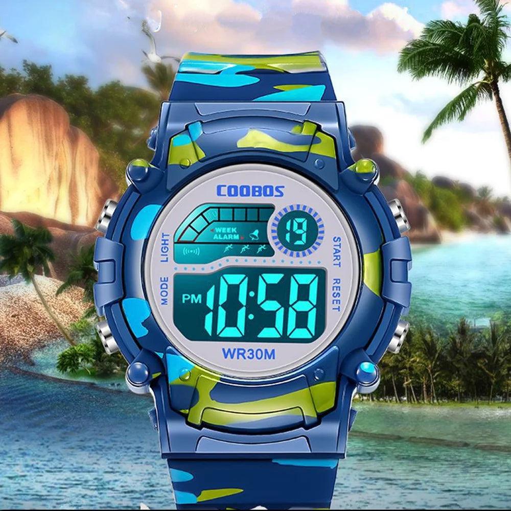 Navy Blue Camouflage Kids LED Digital Sports Watch for Active Students  ourlum.com   
