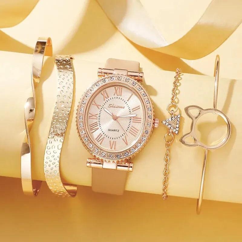 Luxury Women's Quartz Watch Set: Elegant Analog Timepiece with Bracelets - Fashion Sophistication