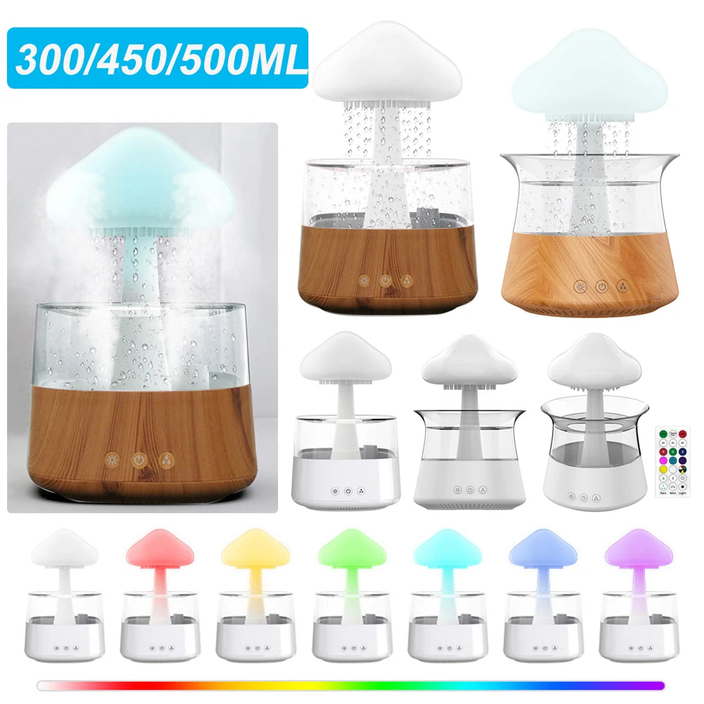 Mushroom Air Humidifier Home Bedroom Aromatherapy Lamp Calming Water Drops Sounds Diffuser Humidifier Rain Cloud Night Light