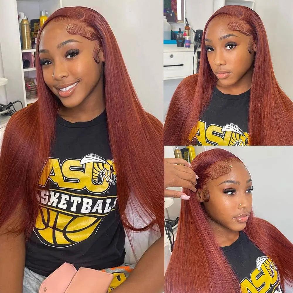 Premium Red Brown Lace Front Wig - Bone Straight Human Hair for Effortless Style