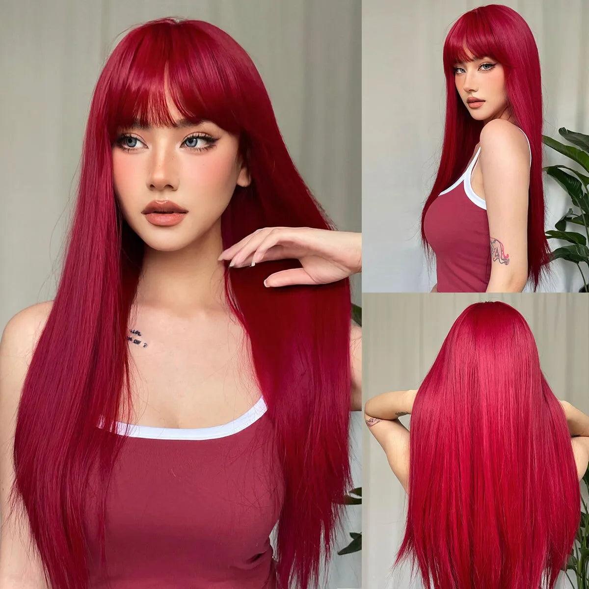 Vibrant Light Wine Red Cosplay Wig with Bangs - Long Straight Hair for Women - Heat Resistant & Versatile  ourlum.com   