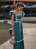 Elegant Striped Long Dress: Stylish Square Collar Robe