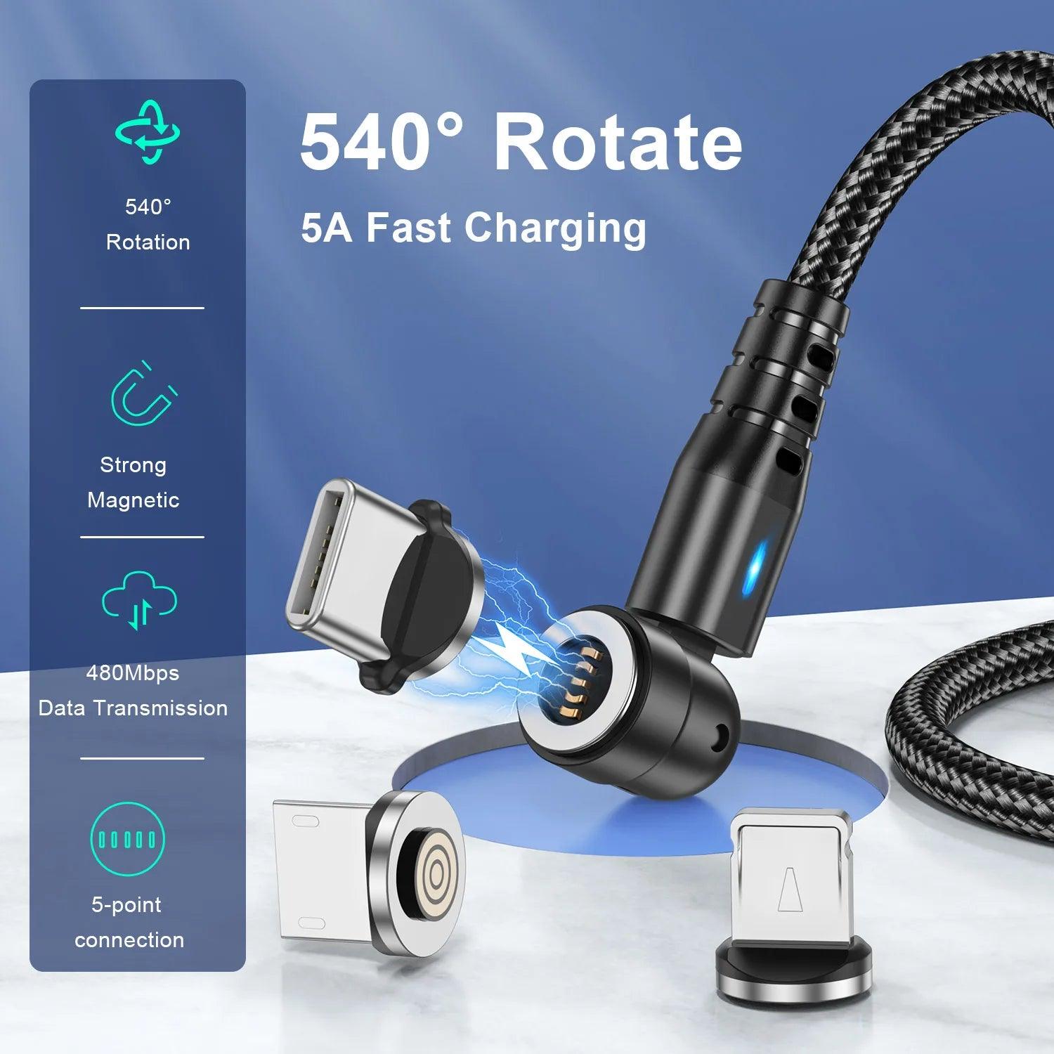 Magnetic 540° Rotation 5A Fast Charging Cable for iPhone Xiaomi - USB Type C & Micro USB Compatible  ourlum.com   