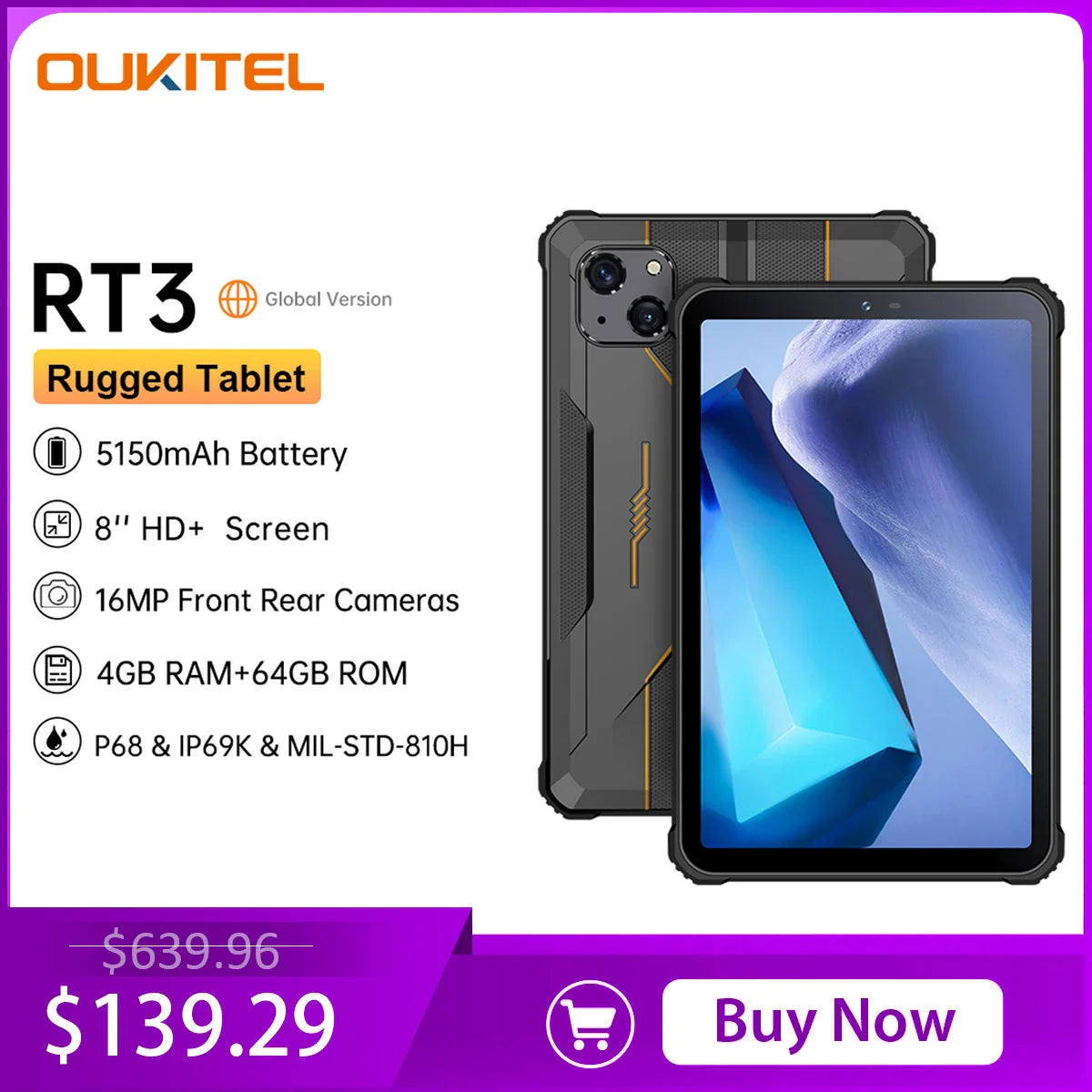 Oukitel RT3 Mini Rugged Tablet 8 Inch HD+ 5150 mAh 4GB+64GB Android 12 Tablets Mtk Helio P22 16MP Camera Pad  ourlum.com   