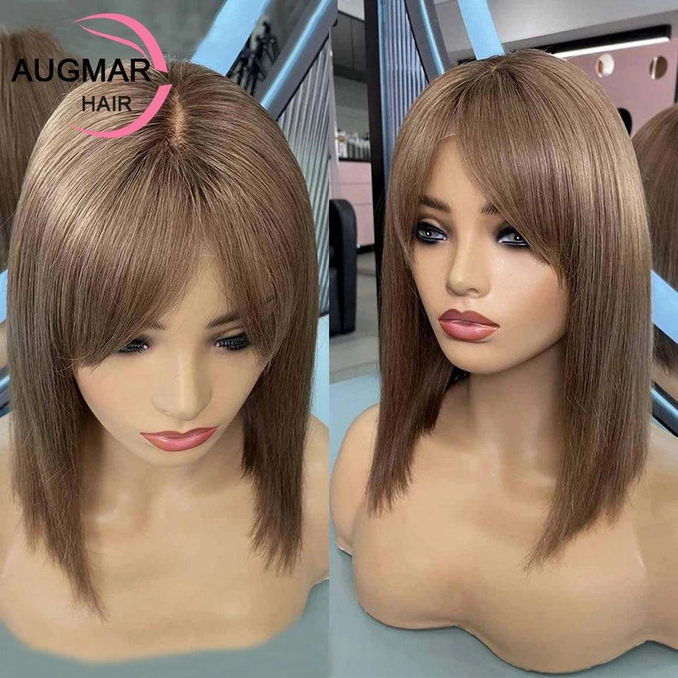Chestnut Brown Brazilian Bob Lace Front Wig with Bangs for Women  ourlum.com 13x6 Frontal Wig 8inches 130 Density