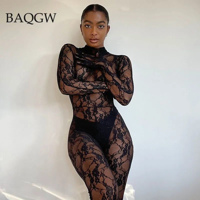 Seductive Lace Mesh Women's Bodysuit with Gloves - Night Out Fashion Essential  OurLum.com   