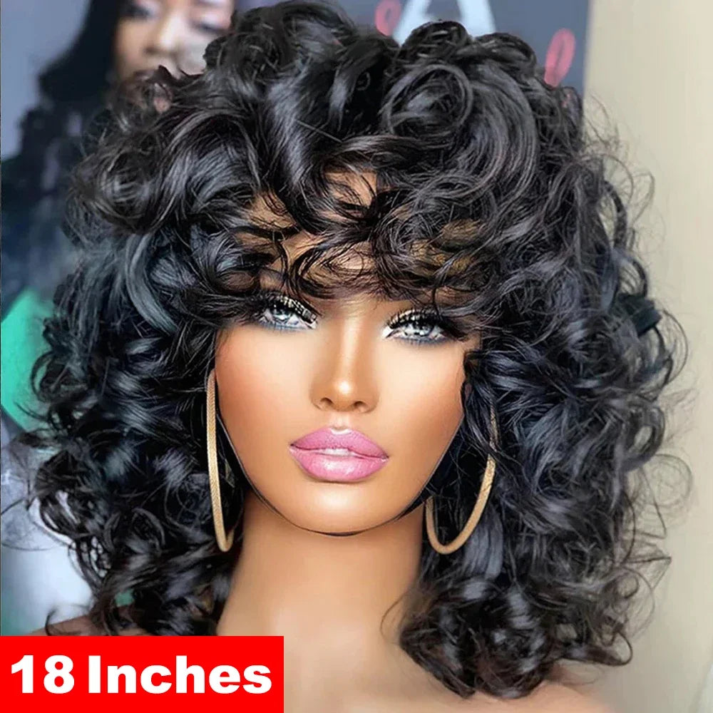 Rose Curly Funmi Brazilian Human Hair Bob Wig: Bouncy Pixie Cut with Bangs