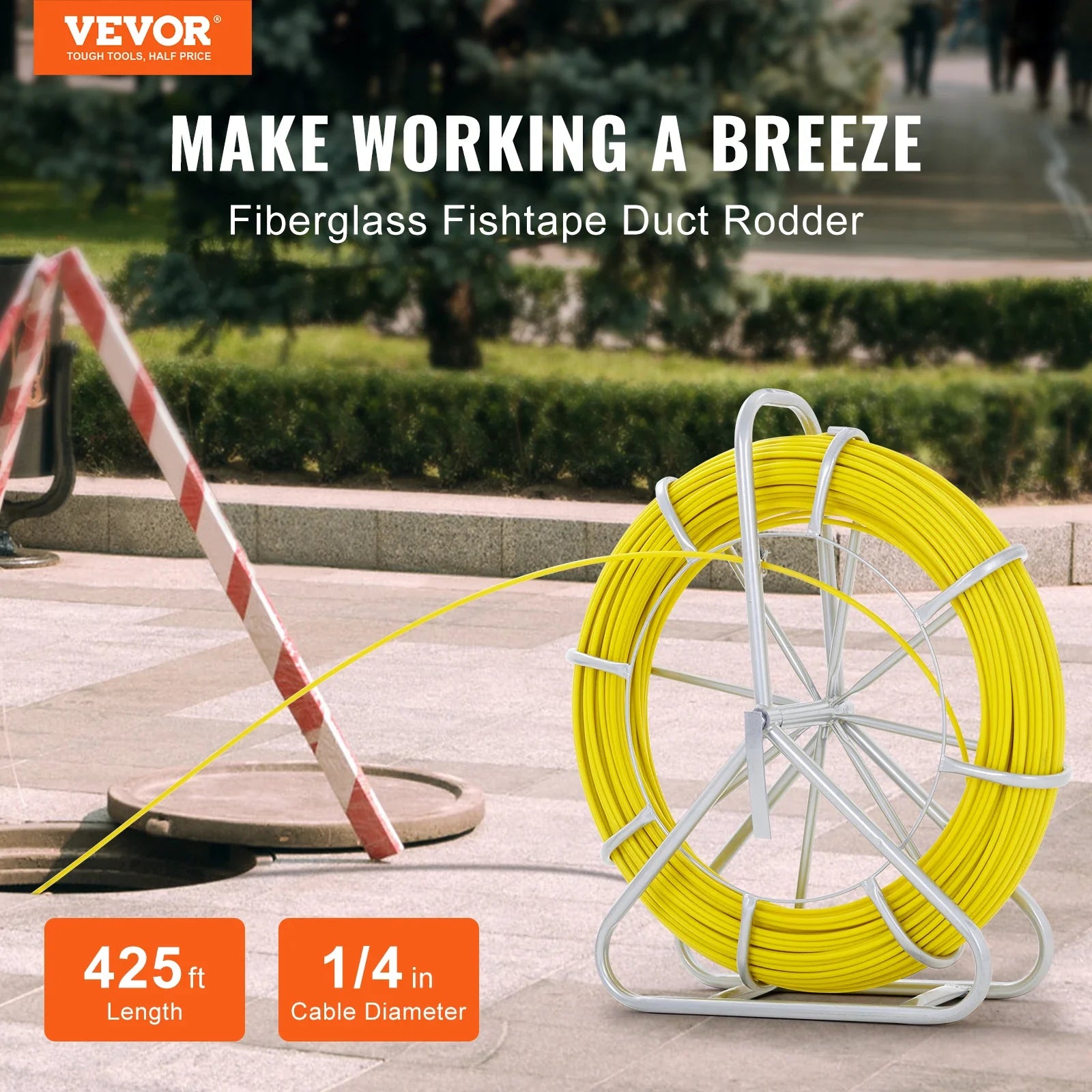 VEVOR Fish Tape Fiberglass 425/492/600/656 ft Duct Rodder Fishtape Wire Puller Fishing Tools for Walls and Electrical Conduit