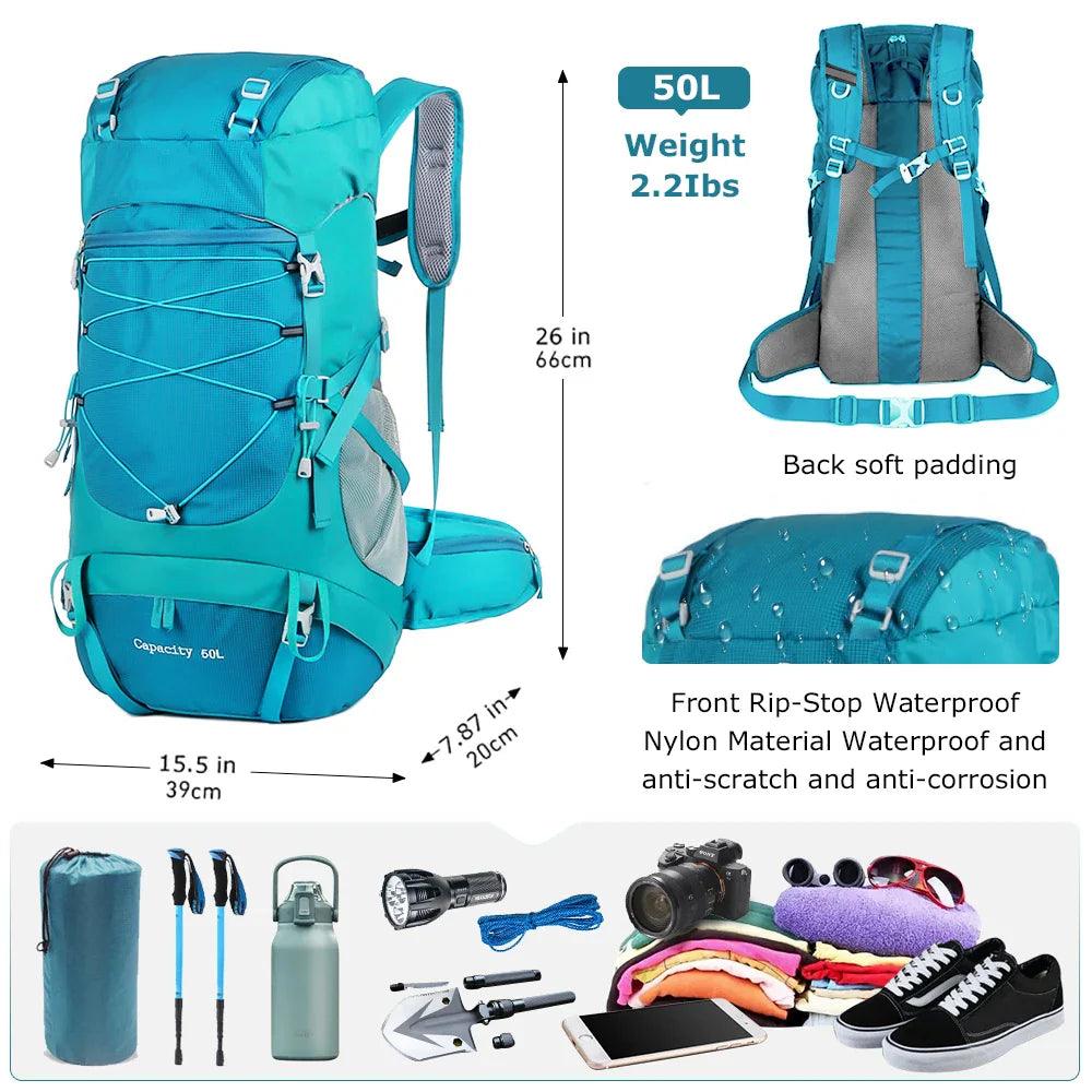 Multifunctional 50L Hiking Backpack with Rain Cover for Travel and Camping by WESTTUNE