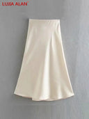 Solid Satin A-Line Midi Skirt Stylish Summer Fashion Statement