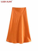 Solid Satin A-Line Midi Skirt Stylish Summer Fashion Statement