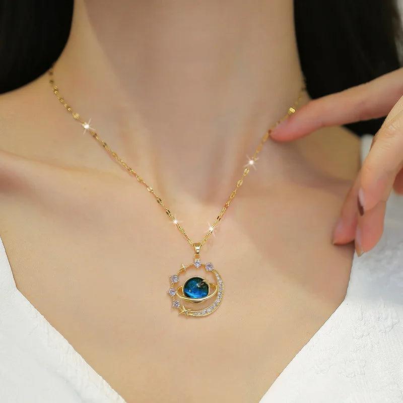 Exquisite Starry Sky Planet Light Luxurious Temperament Gorgeous Necklace Stars and Moon Versatile Stainless Steel Clavicle Chai  ourlum.com   