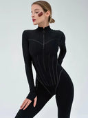 Autumn Elegance Zip-Up Bodysuit Stylish O-Neck Design Fashion