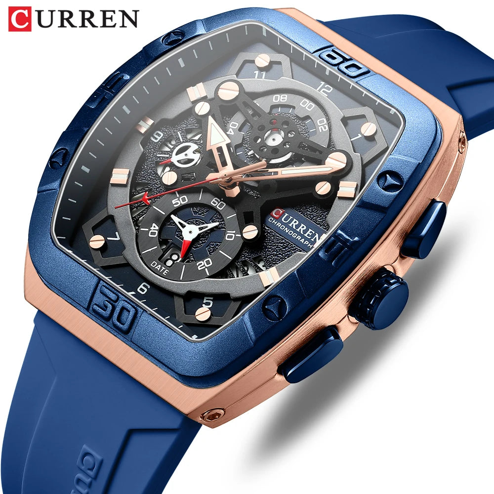 CURREN Men's Colorful Multi-Functional Tonneau Quartz Watch with Auto Date and Sports Features