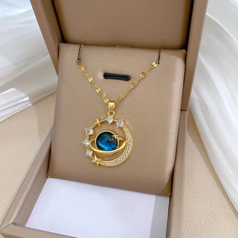 Exquisite Starry Sky Planet Light Luxurious Temperament Gorgeous Necklace Stars and Moon Versatile Stainless Steel Clavicle Chai  ourlum.com   