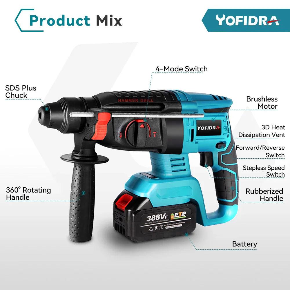 Yofidra 26MM Brushless Electric Hammer Drill Multifunctional Rotary Cordless Rechargeable Power Tools For Makita 18V Battery  ourlum.com   