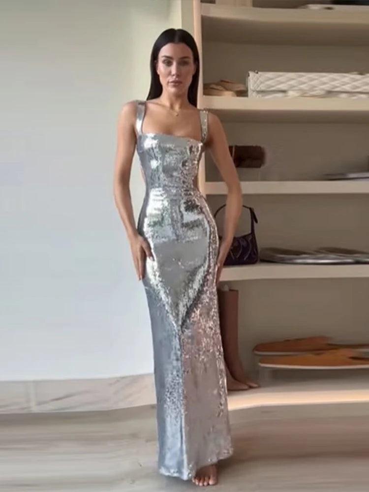 Sparkling Silver Backless Maxi Dress - Women's Sexy High Waist Bodycon Sleeveless Evening Party Gown  ourlum.com   