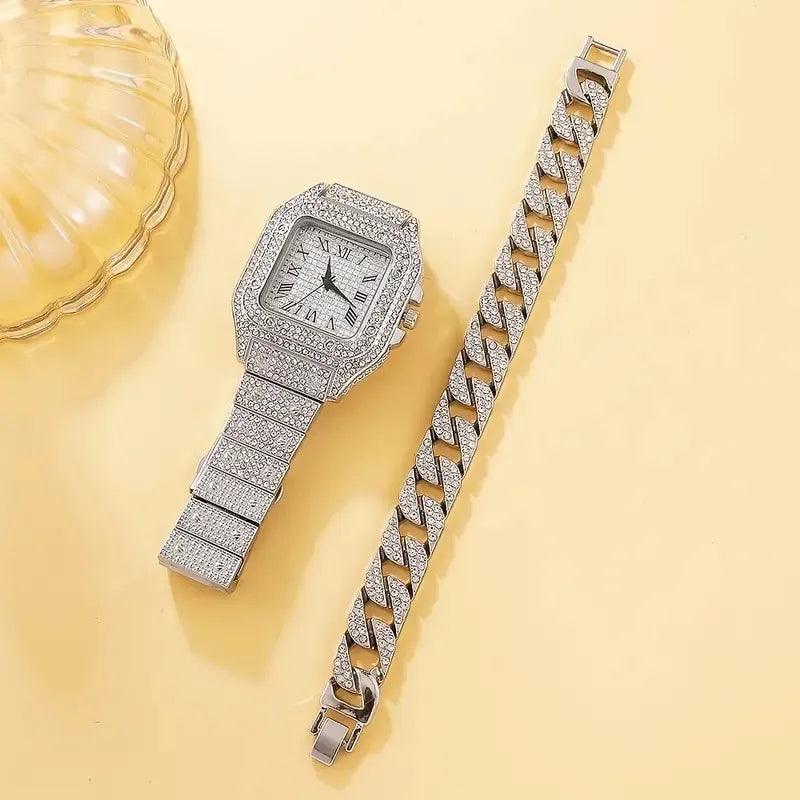 Golden Sparkle 2-Piece Women's Watch Set with Rhinestone Bracelet- Luxury Timepiece Collection  ourlum.com   